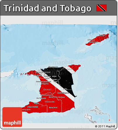 Flag 3D Map of Trinidad and Tobago, single color outside, bathymetry sea, shaded relief sea, flag centered