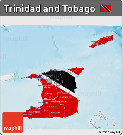Flag 3D Map of Trinidad and Tobago, single color outside, shaded relief sea, flag rotated