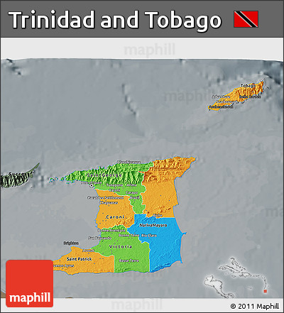 Political 3D Map of Trinidad and Tobago, darken, semi-desaturated