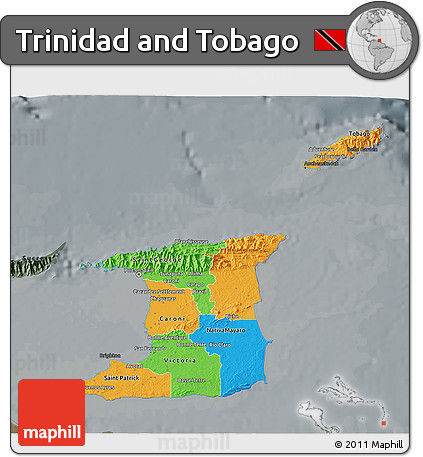 Political 3D Map of Trinidad and Tobago, darken, semi-desaturated