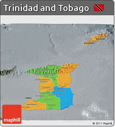 Political 3D Map of Trinidad and Tobago, darken, semi-desaturated