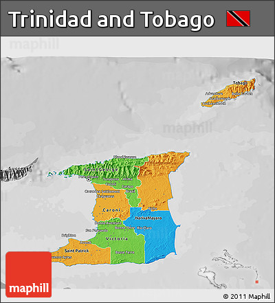 Political 3D Map of Trinidad and Tobago, desaturated