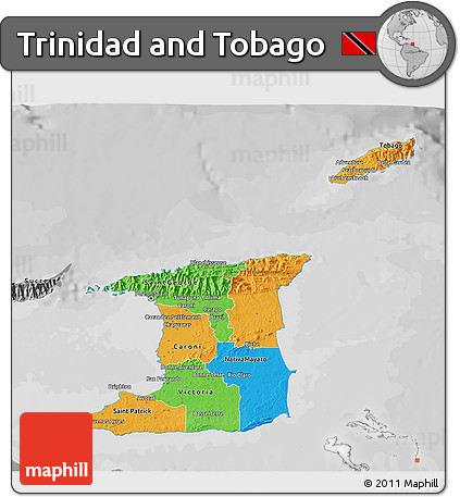 Political 3D Map of Trinidad and Tobago, desaturated