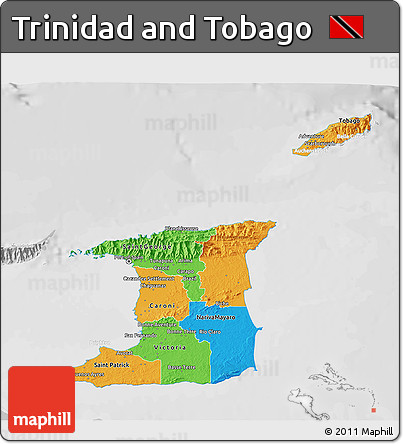 Political 3D Map of Trinidad and Tobago, lighten, desaturated