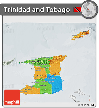 Political 3D Map of Trinidad and Tobago, lighten, semi-desaturated