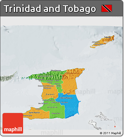 Political 3D Map of Trinidad and Tobago, lighten, semi-desaturated