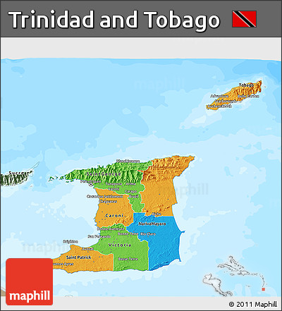 Political 3D Map of Trinidad and Tobago, semi-desaturated, land only