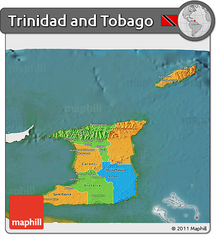 Political 3D Map of Trinidad and Tobago, single color outside, satellite sea