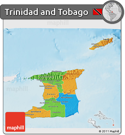 Political 3D Map of Trinidad and Tobago, single color outside, shaded relief sea