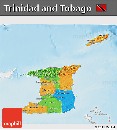 Political 3D Map of Trinidad and Tobago, single color outside, shaded relief sea
