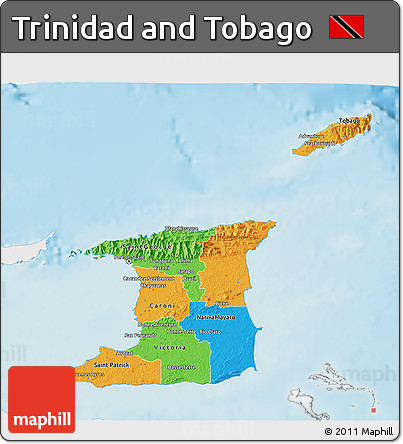 Political 3D Map of Trinidad and Tobago, single color outside, shaded relief sea