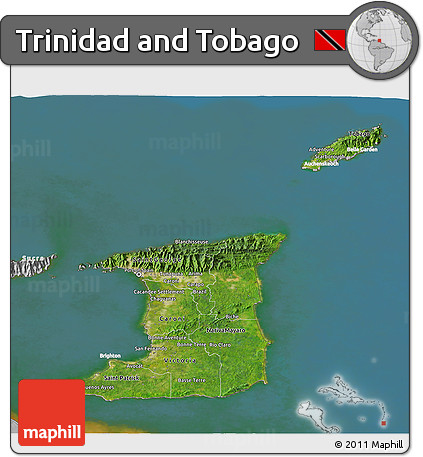 Satellite 3D Map of Trinidad and Tobago, lighten, desaturated, land only