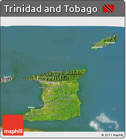 Satellite 3D Map of Trinidad and Tobago, lighten, desaturated, land only