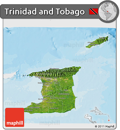 Satellite 3D Map of Trinidad and Tobago, single color outside, bathymetry sea, shaded relief sea
