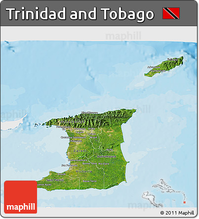 Satellite 3D Map of Trinidad and Tobago, single color outside, bathymetry sea, shaded relief sea