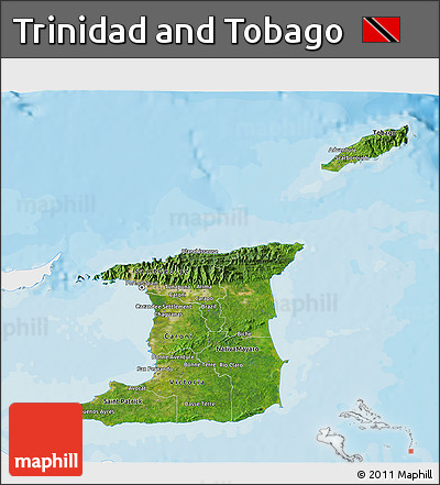 Satellite 3D Map of Trinidad and Tobago, single color outside, bathymetry sea, shaded relief sea
