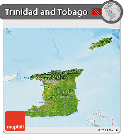 Satellite 3D Map of Trinidad and Tobago, single color outside, shaded relief sea