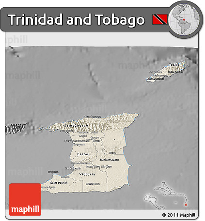 Shaded Relief 3D Map of Trinidad and Tobago, darken, desaturated