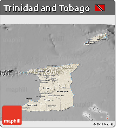 Shaded Relief 3D Map of Trinidad and Tobago, darken, desaturated