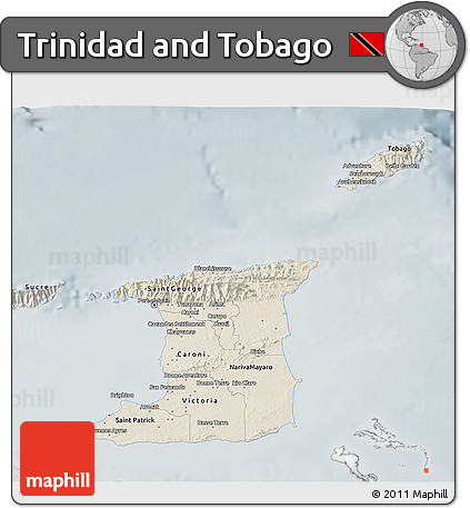 Shaded Relief 3D Map of Trinidad and Tobago, semi-desaturated