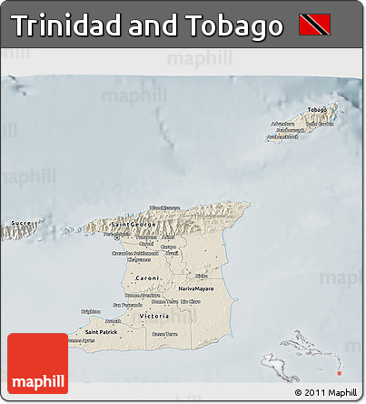 Shaded Relief 3D Map of Trinidad and Tobago, semi-desaturated
