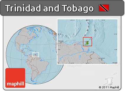 Satellite Location Map of Trinidad and Tobago, gray outside, hill shading