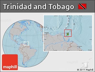 Satellite Location Map of Trinidad and Tobago, gray outside, hill shading