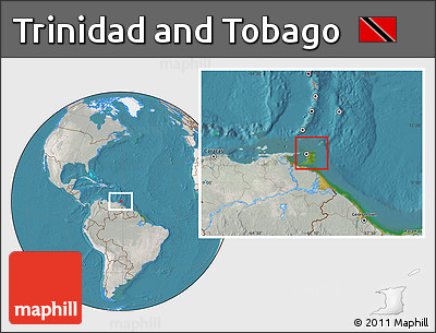 Satellite Location Map of Trinidad and Tobago, lighten, semi-desaturated, land only