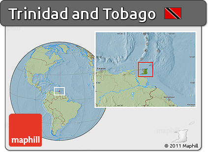 Satellite Location Map of Trinidad and Tobago, savanna style outside, hill shading