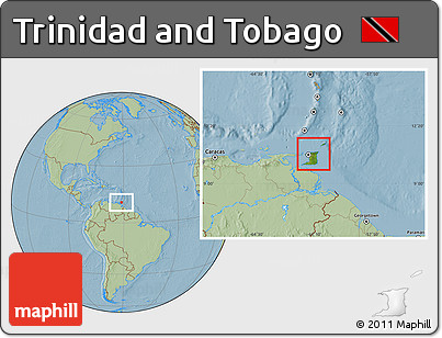 Satellite Location Map of Trinidad and Tobago, savanna style outside, hill shading