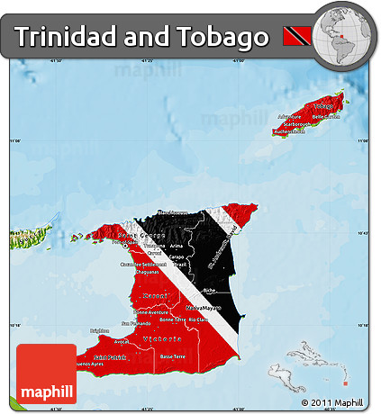 Flag Map of Trinidad and Tobago, physical outside, bathymetry sea, flag aligned to the middle