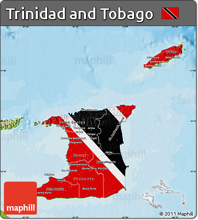 Flag Map of Trinidad and Tobago, physical outside, bathymetry sea, flag aligned to the middle