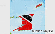 Flag Map of Trinidad and Tobago, physical outside, bathymetry sea, flag rotated
