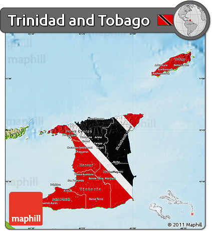 Flag Map of Trinidad and Tobago, physical outside, flag aligned to the middle