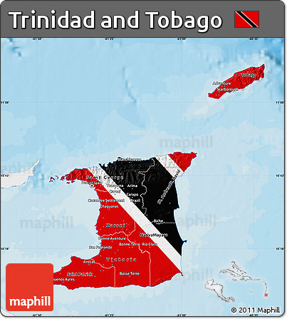 Flag Map of Trinidad and Tobago, single color outside, bathymetry sea, shaded relief sea, flag aligned to the middle