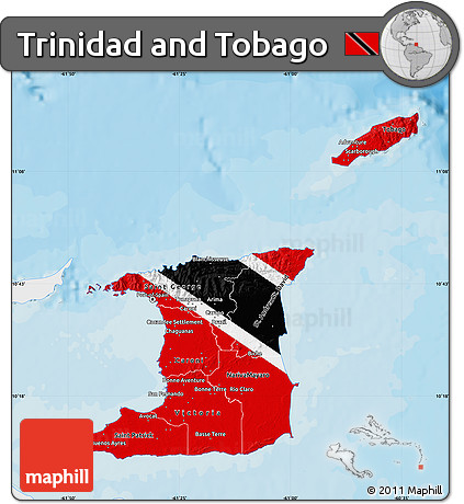 Flag Map of Trinidad and Tobago, single color outside, bathymetry sea, shaded relief sea, flag rotated