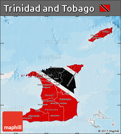 Flag Map of Trinidad and Tobago, single color outside, bathymetry sea, shaded relief sea, flag rotated