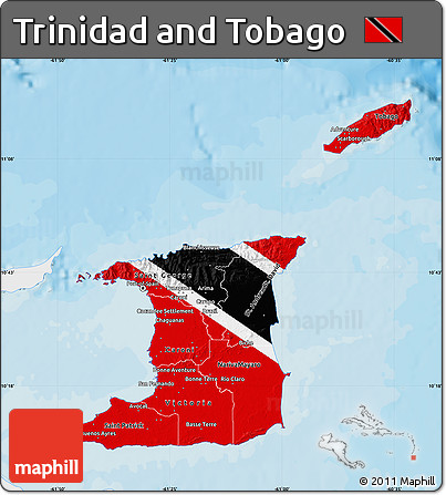 Flag Map of Trinidad and Tobago, single color outside, bathymetry sea, shaded relief sea, flag rotated
