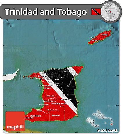 Flag Map of Trinidad and Tobago, single color outside, satellite sea, flag aligned to the middle
