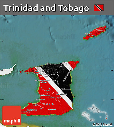 Flag Map of Trinidad and Tobago, single color outside, satellite sea, flag aligned to the middle