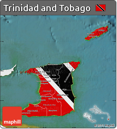Flag Map of Trinidad and Tobago, single color outside, satellite sea, flag aligned to the middle