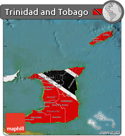 Flag Map of Trinidad and Tobago, single color outside, satellite sea, flag rotated