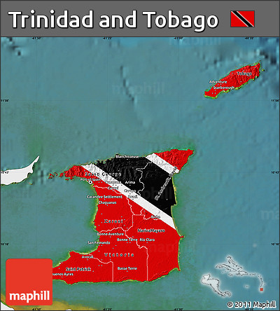 Flag Map of Trinidad and Tobago, single color outside, satellite sea, flag rotated