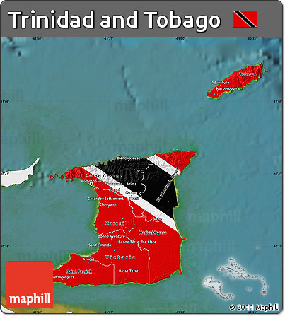 Flag Map of Trinidad and Tobago, single color outside, satellite sea, flag rotated