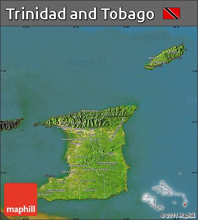 Satellite Map of Trinidad and Tobago, darken, semi-desaturated, land only