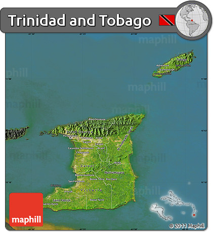 Satellite Map of Trinidad and Tobago, darken, semi-desaturated, land only