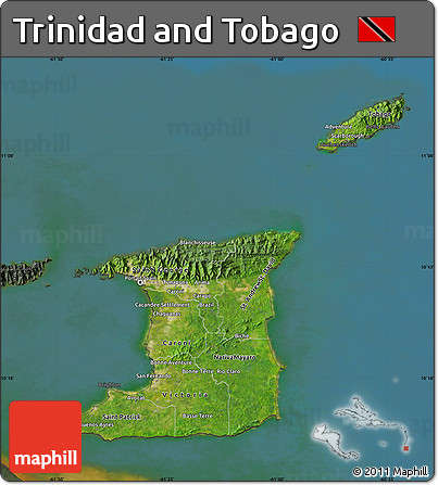 Satellite Map of Trinidad and Tobago, darken, semi-desaturated, land only