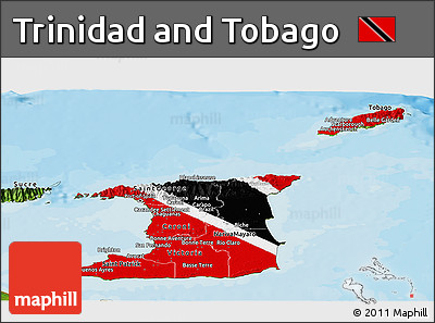 Flag Panoramic Map of Trinidad and Tobago, satellite outside, bathymetry sea, flag centered