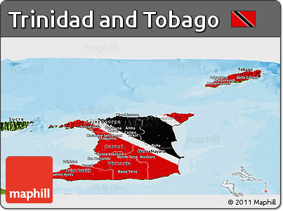 Flag Panoramic Map of Trinidad and Tobago, satellite outside, bathymetry sea, flag centered