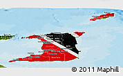 Flag Panoramic Map of Trinidad and Tobago, satellite outside, bathymetry sea, flag aligned to the middle